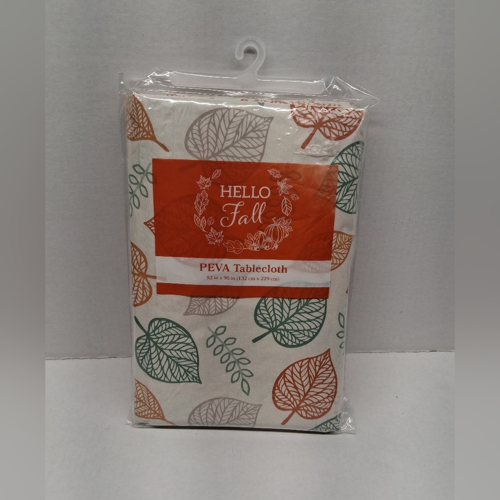 Hello Fall Peva Flannel Backed Tablecloth 52 x 90 Rectangle Fall Leaves Design